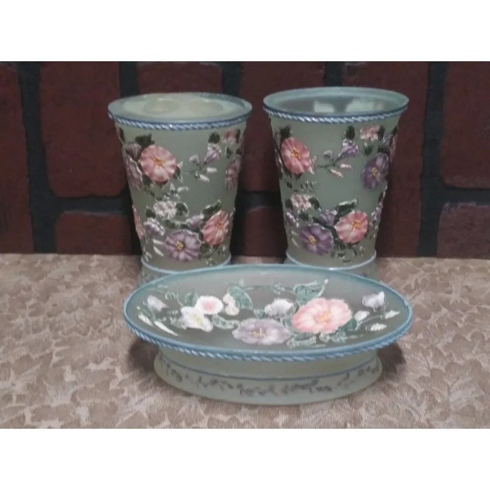 3-Pc Bathroom Set Morning Glory Resin Retd. Tumbler Toothbrush Holder Soap Dish